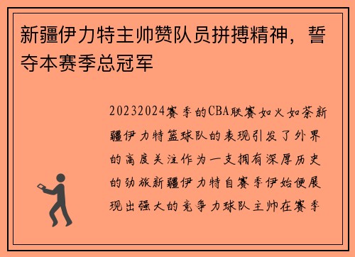 新疆伊力特主帅赞队员拼搏精神，誓夺本赛季总冠军